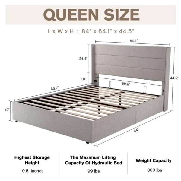 Eric Woodworks Braya™ Hydraulic Lift-Up Storage Upholstered Bed – Queen Size - Image 4