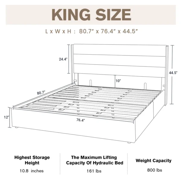 Eric Woodworks Braya™ Hydraulic Lift-Up Storage Upholstered Bed – Queen Size - Image 7