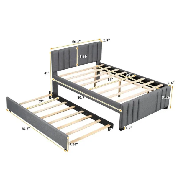 Eric Woodworks™ NestEase Trundle Bed – Modern Fabric Upholstered Single Bed - Image 5