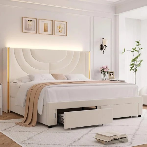 Modern LED Upholstered Storage Bed with Velvet Finish