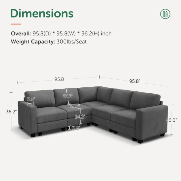 Eric Woodworks™ L-Shaped Modular Corduroy Sectional Sofa Couch – Corner Reversible Design - Image 3