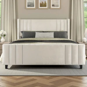 Velvet Channel-Tufted Wingback Platform Bed – Glam Upholstered Headboard