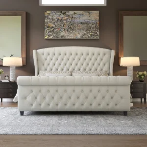 Dulane Chenille / Velvet Upholstered Sleigh Bed – Scroll Wingback Headboard