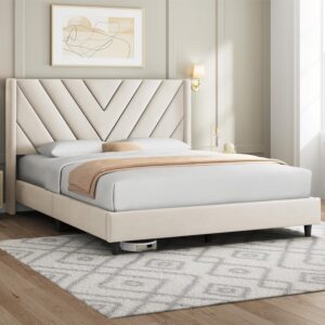 Queen Platform Bed Frame – Modern Mid-Century Upholstered Bed with Adjustable Headboard, Solid Wood Legs, Noise-Free Construction