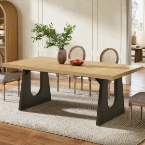 70.8" Wood Dining Table – Modern Rectangle Farmhouse-Style Table for 6–8 People, Oak Finish with Black Wood Base